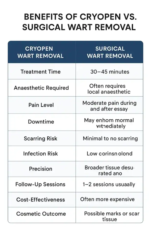 Table showing the benefits of cryopen to remove warts Weymouth compared to surgical treatment